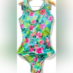 Lands End Jewel Green Tropic Print One Piece Swimsuit